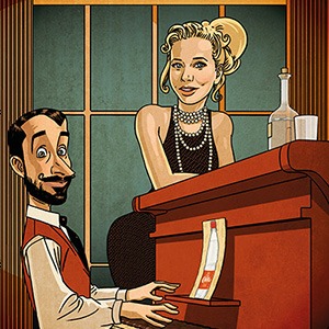 Dessin numérique représentant le pianiste, Thomas Valentin, et la chanteuse, Sabrina Rauch. Thomas Valentin est assis devant le piano et joue, Sabrina est adossée au piano dans une robe noire. A la place d'une partition, on voit une bouteille de Carola Rouge.